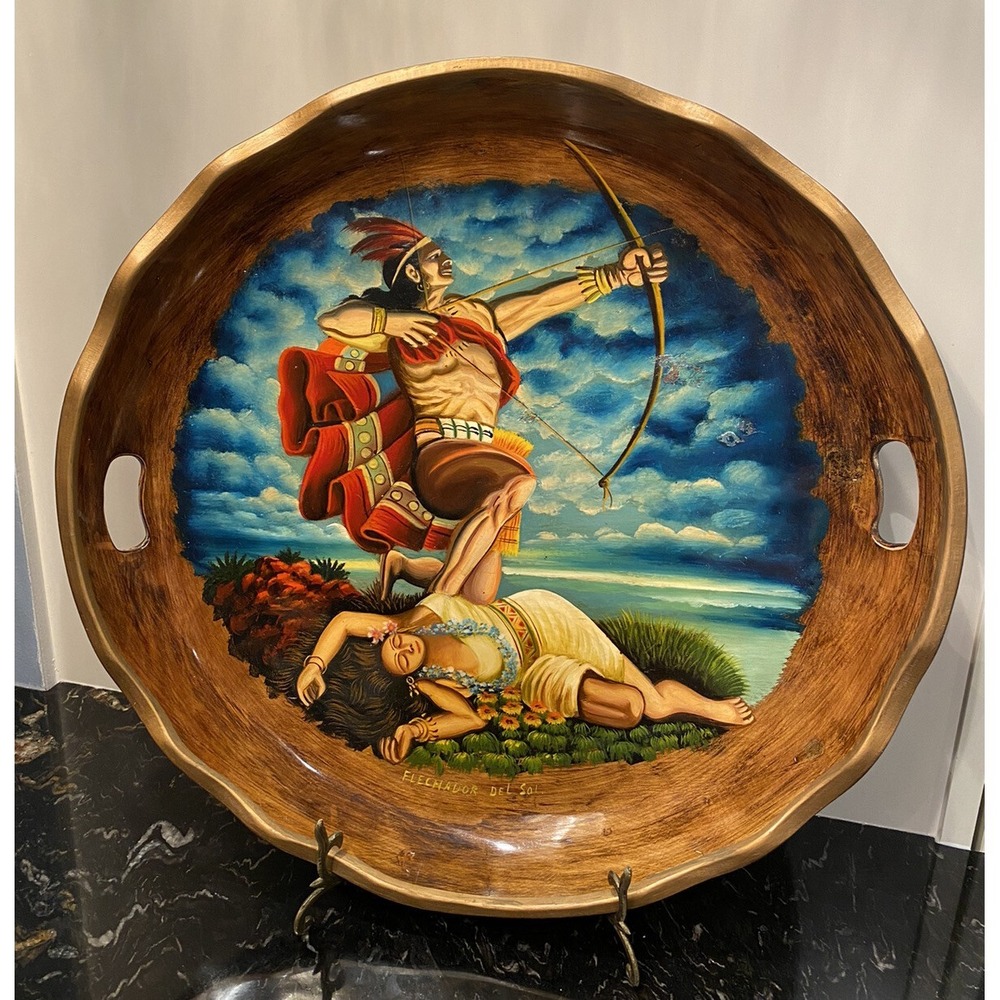 Vintage JESUS HELGUERA El Flechador del Sol Wooden Tray With Handles 19"x 18.5"